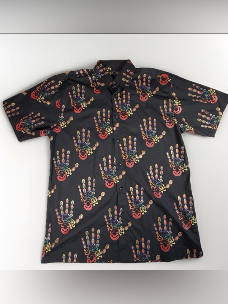 Brock Men's Black Short-Sleeve Button-Up Shirt With Multicolor Handprint Pattern